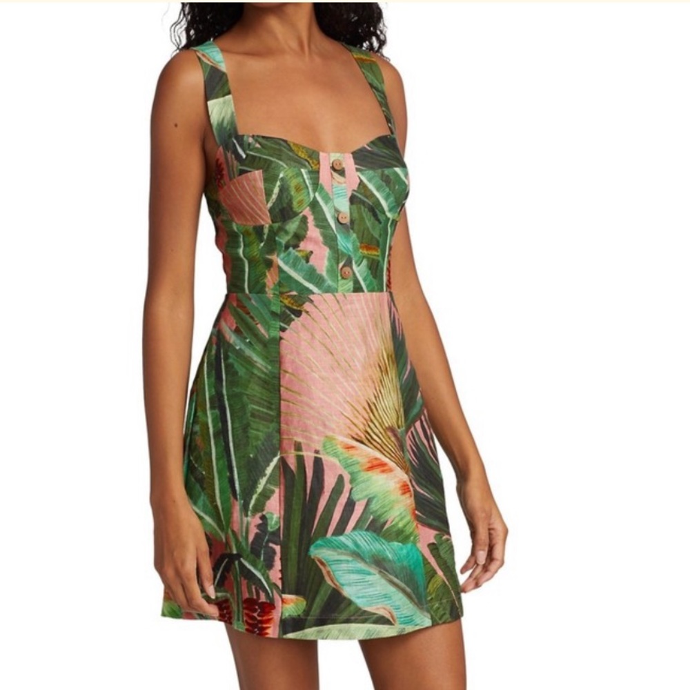 Farm Rio Amazonia forest mini dress sz S in green light pink